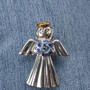 Vintage Avon Angel Silver & Gold Tone Blue Rhinestone & Rose Pin